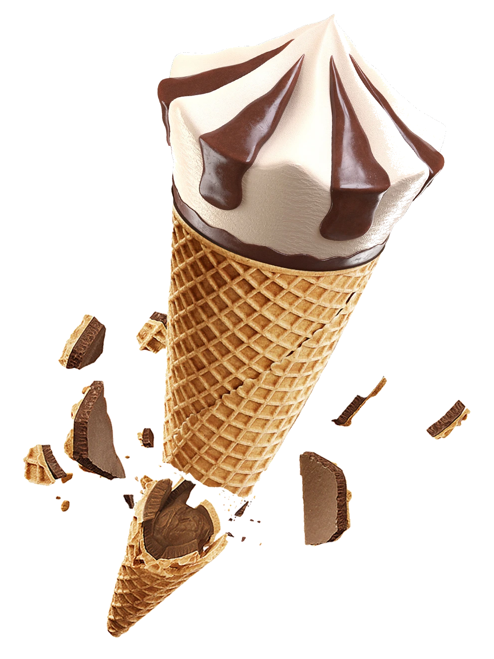 Chocolate-dipped mini waffle cone breaking open