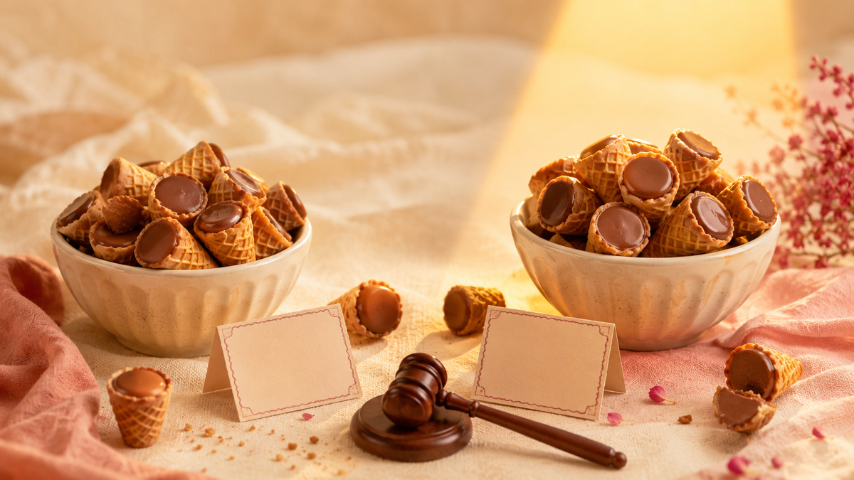 Two bowls of bite-sized chocolate-filled waffle cones facing off in a playful taste test