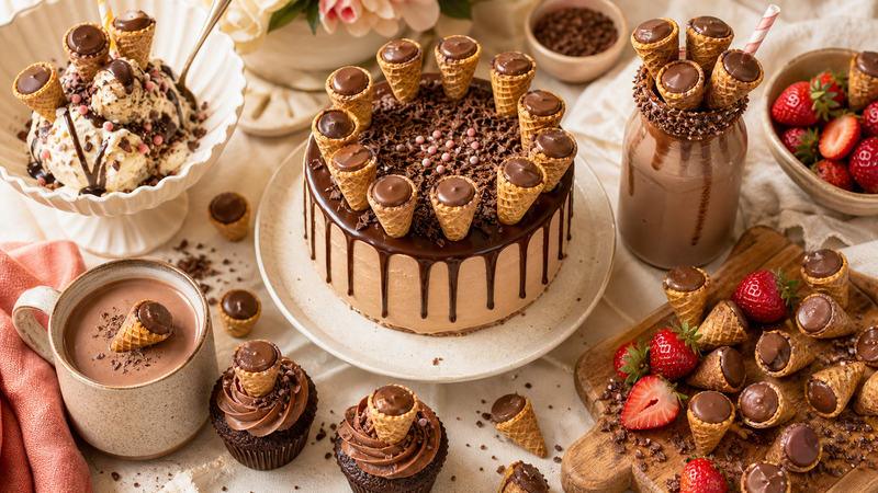 Party spread of desserts decorated with mini chocolate waffle cones — sundaes, cupcakes, milkshakes