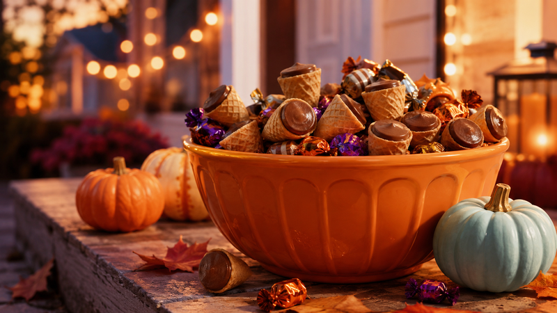 Orange candy bowl on a porch overflowing with mini waffle cones among Halloween candy, teal pumpkin beside it