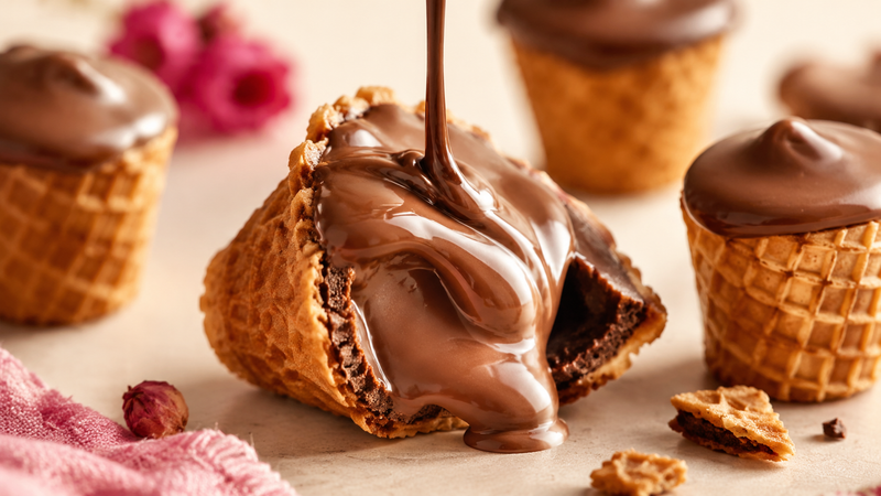 Glossy molten Belgian chocolate flowing over a cracked-open mini waffle cone