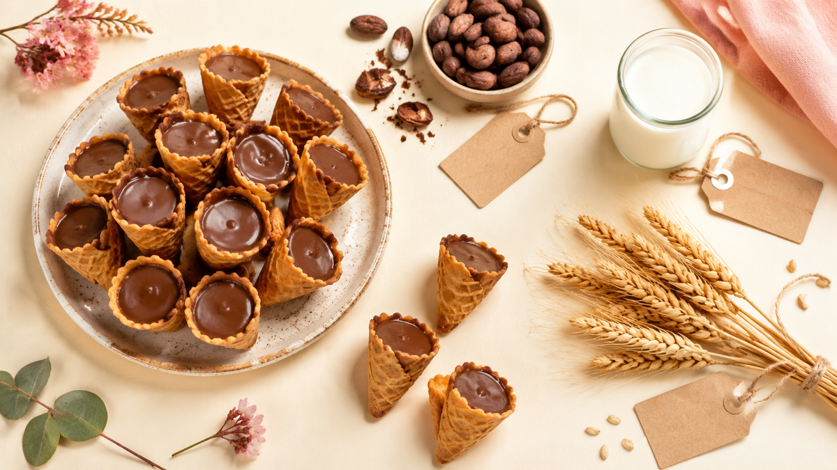 Chocolate-filled mini waffle cones beside cocoa beans, milk and wheat with ingredient tags