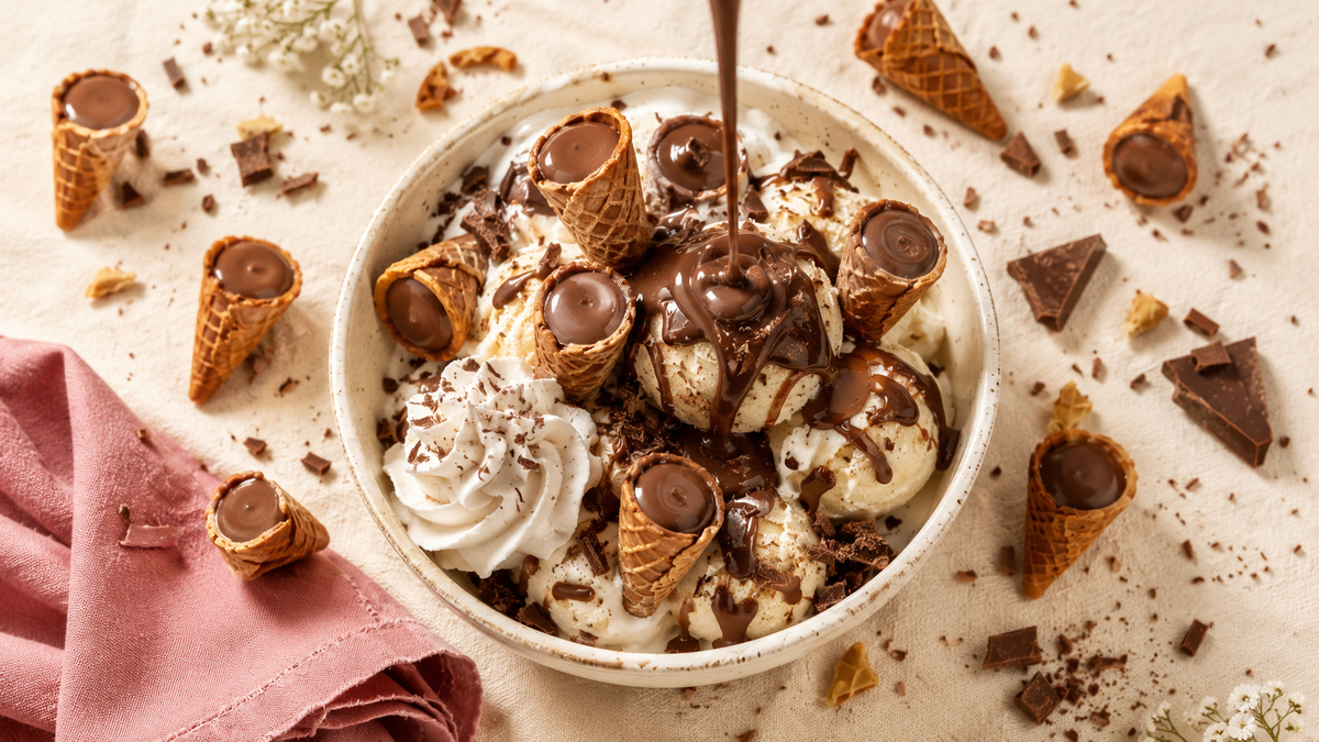 Loaded vanilla sundae studded with chocolate-filled mini waffle cones, hot fudge drizzling from above