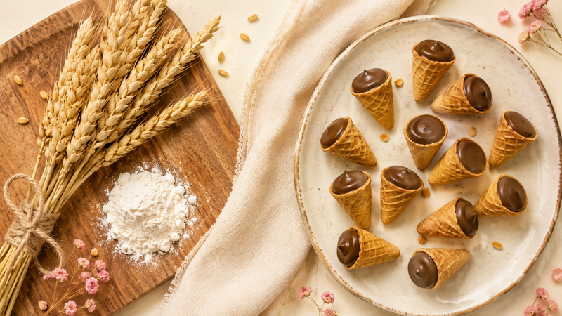 Wheat stalks and flour beside chocolate-filled mini waffle cones — gluten education flat-lay
