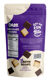 Dark Chocolate Fun Bites — back of bag with nutrition facts, ingredients and allergens