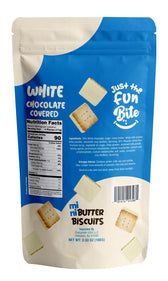 White Chocolate Fun Bites — back of bag with nutrition facts, ingredients and allergens