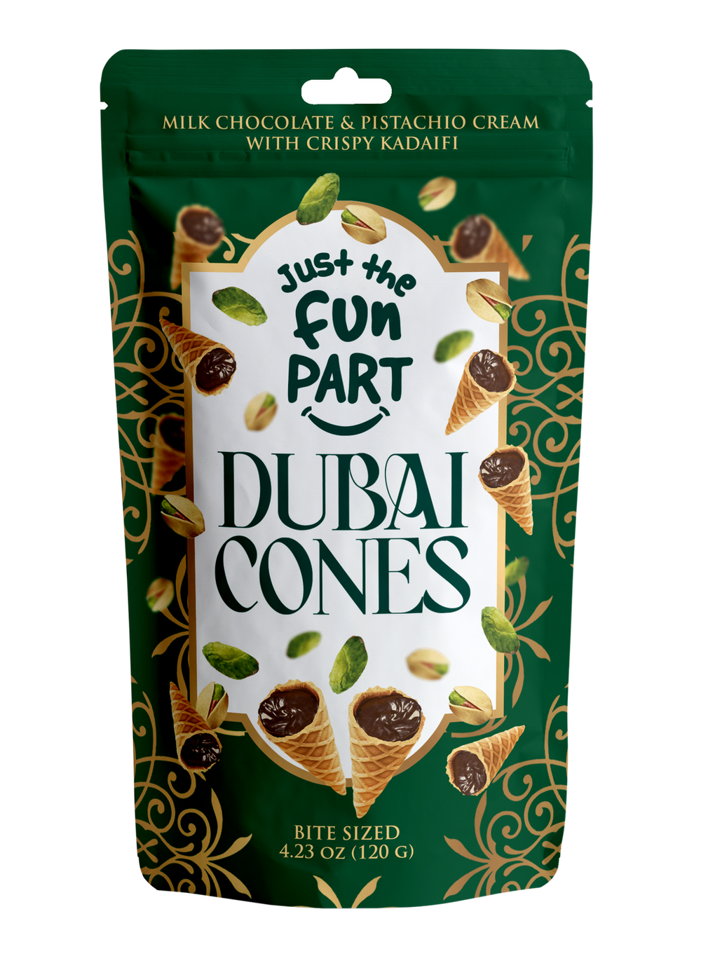 Just the Fun Part Dubai Style Cones - Milk Chocolate & Pistachio Cream with Crispy Kadaifi (4.23 oz)