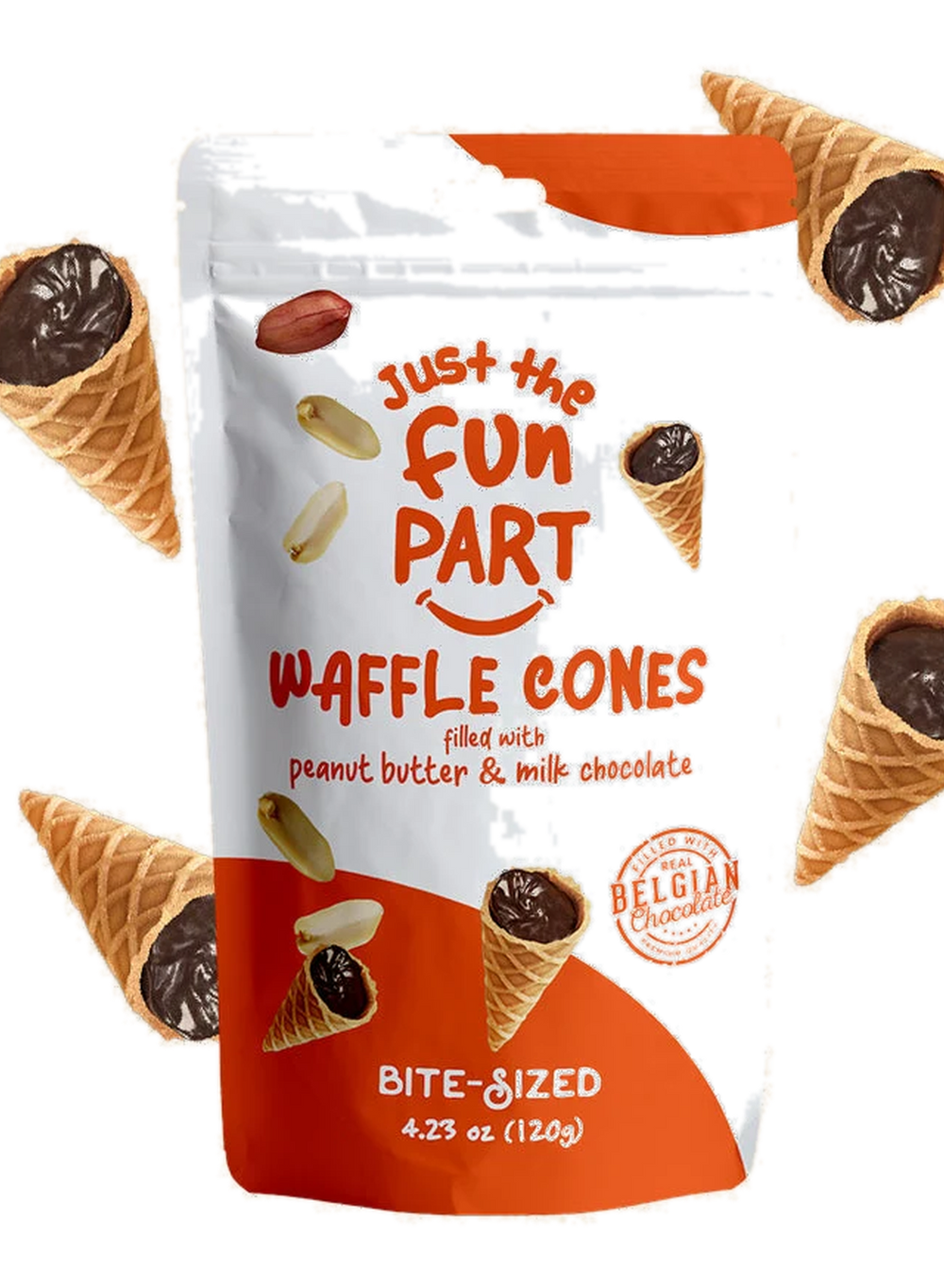 Just the Fun Part Waffle Cones filled with Peanut Butter & Milk Chocolate