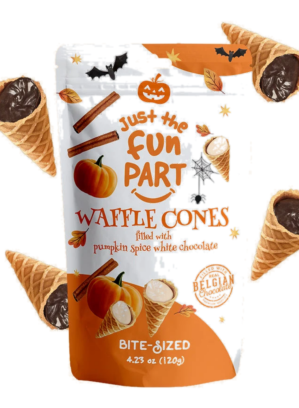 Just the Fun Part Waffle Cones filled with Pumpkin Spice White Chocolate