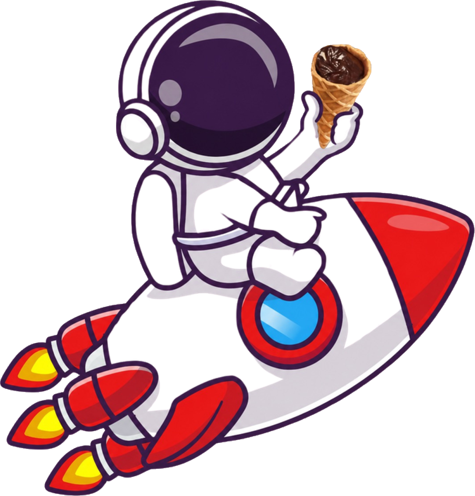 Captain Cone riding a cone rocket while enjoying a Just The Fun Part cone