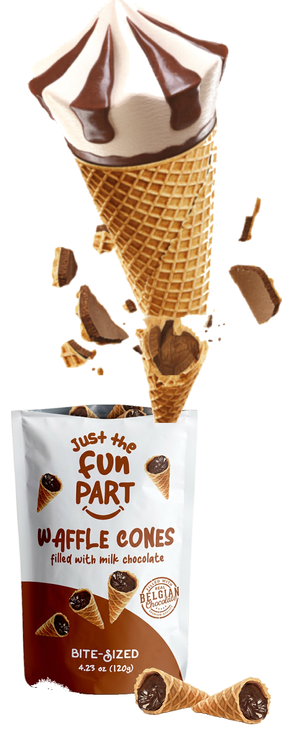 Chocolate-dipped soft serve waffle cone breaking apart over an open Just The Fun Part waffle cones bag