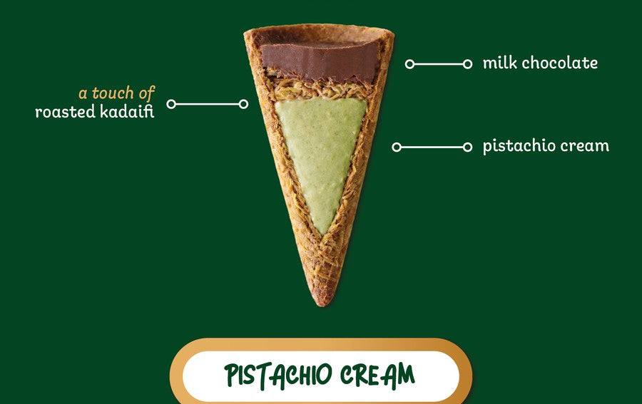 Dubai Style cone cut in half showing milk chocolate, pistachio cream and crispy kadaifi