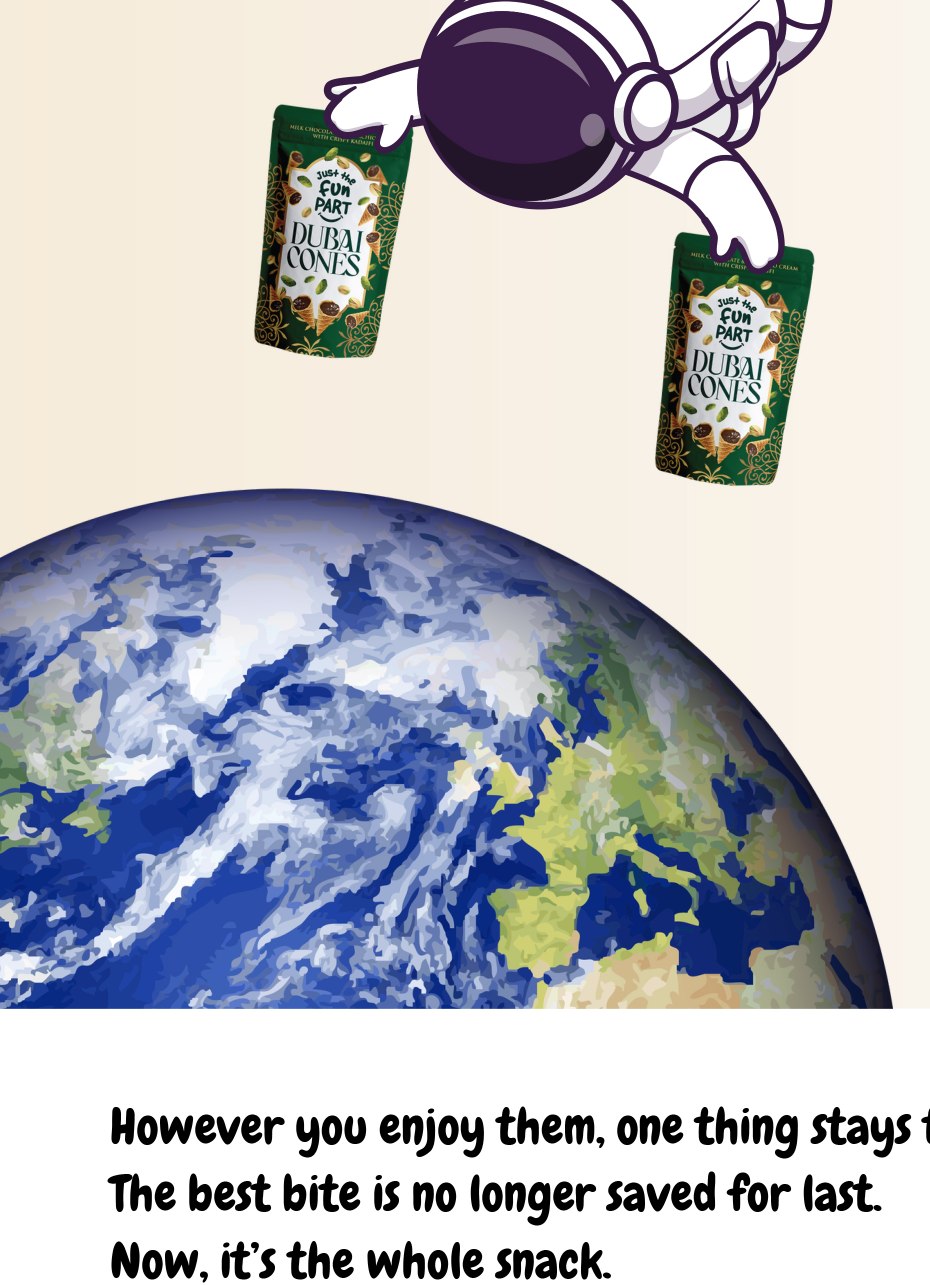Captain Cone floating in orbit above Earth holding two pouches