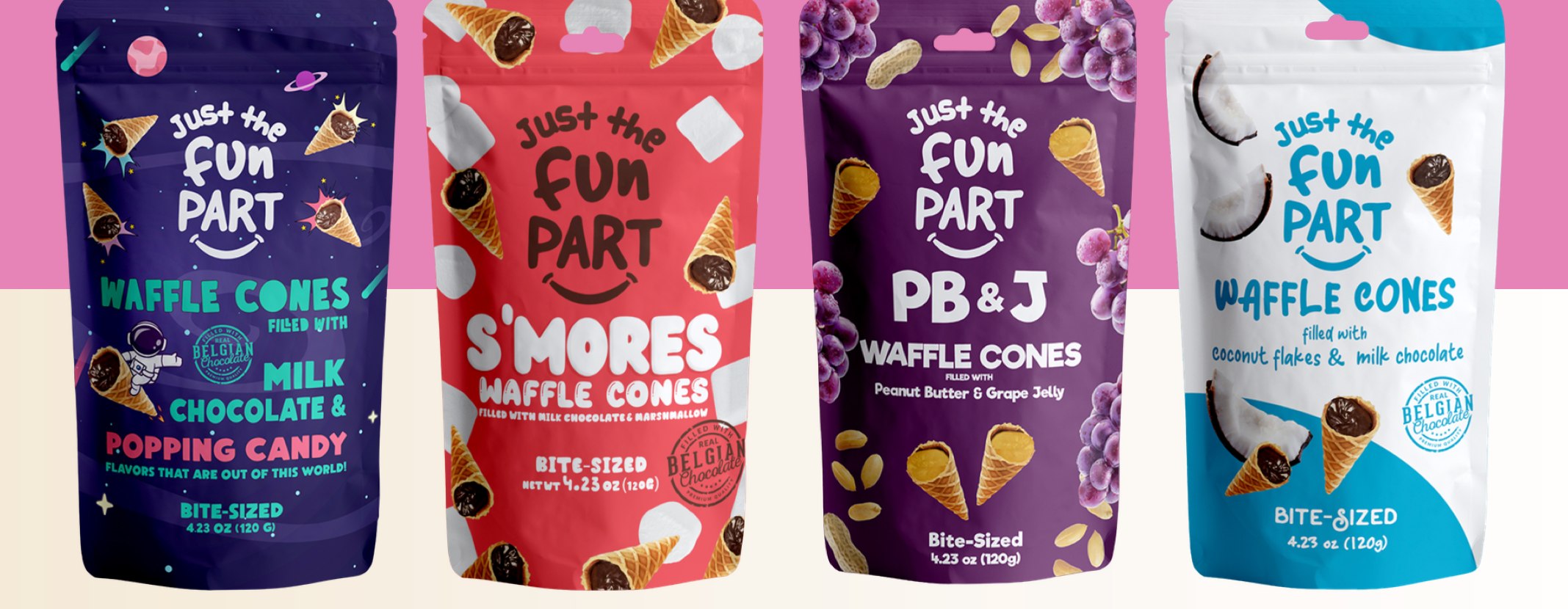 Four Just The Fun Part flavor pouches: milk chocolate with popping candy, s'mores, PB&J, and coconut