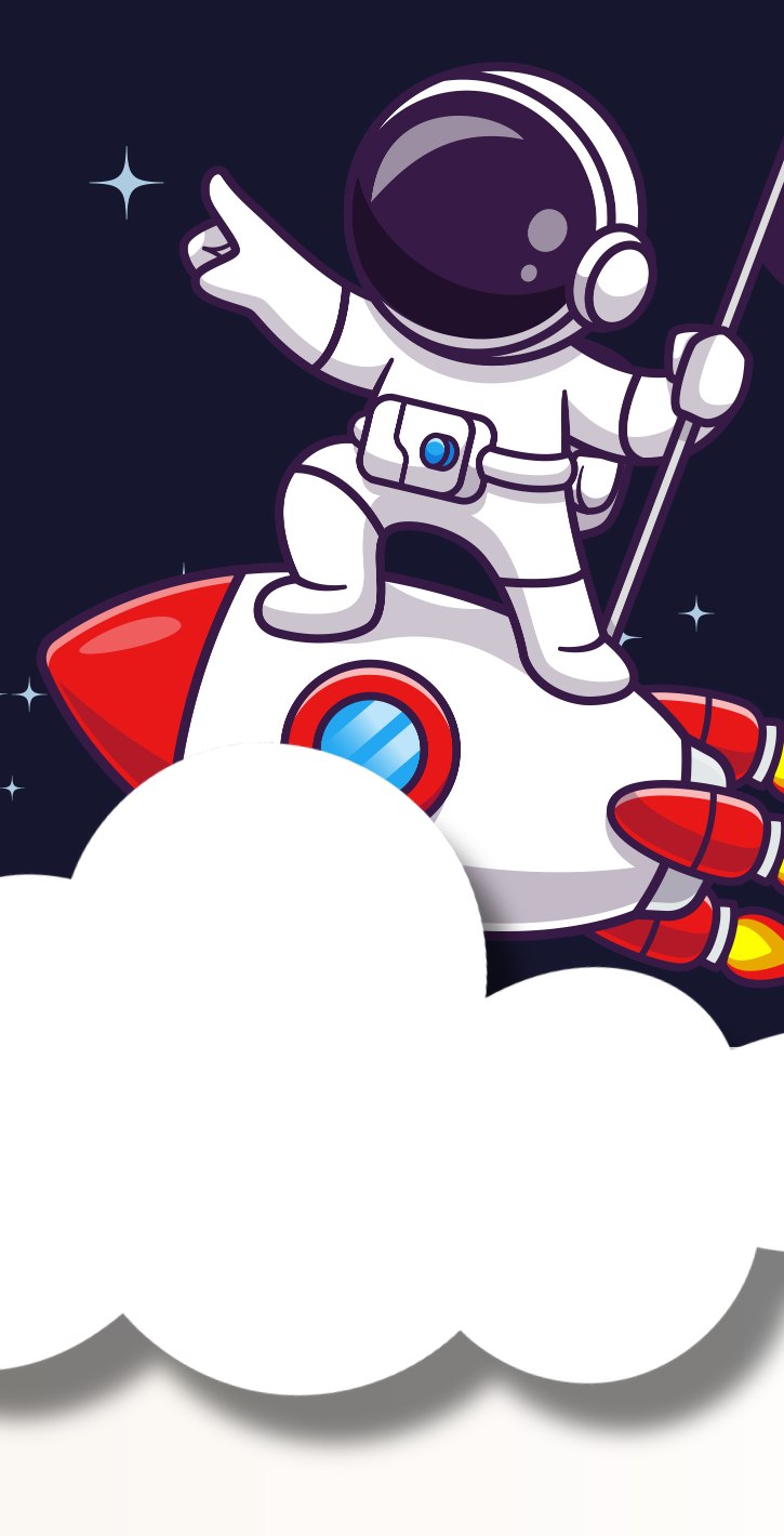 Captain Cone standing on a red rocket pointing at the stars above fluffy clouds
