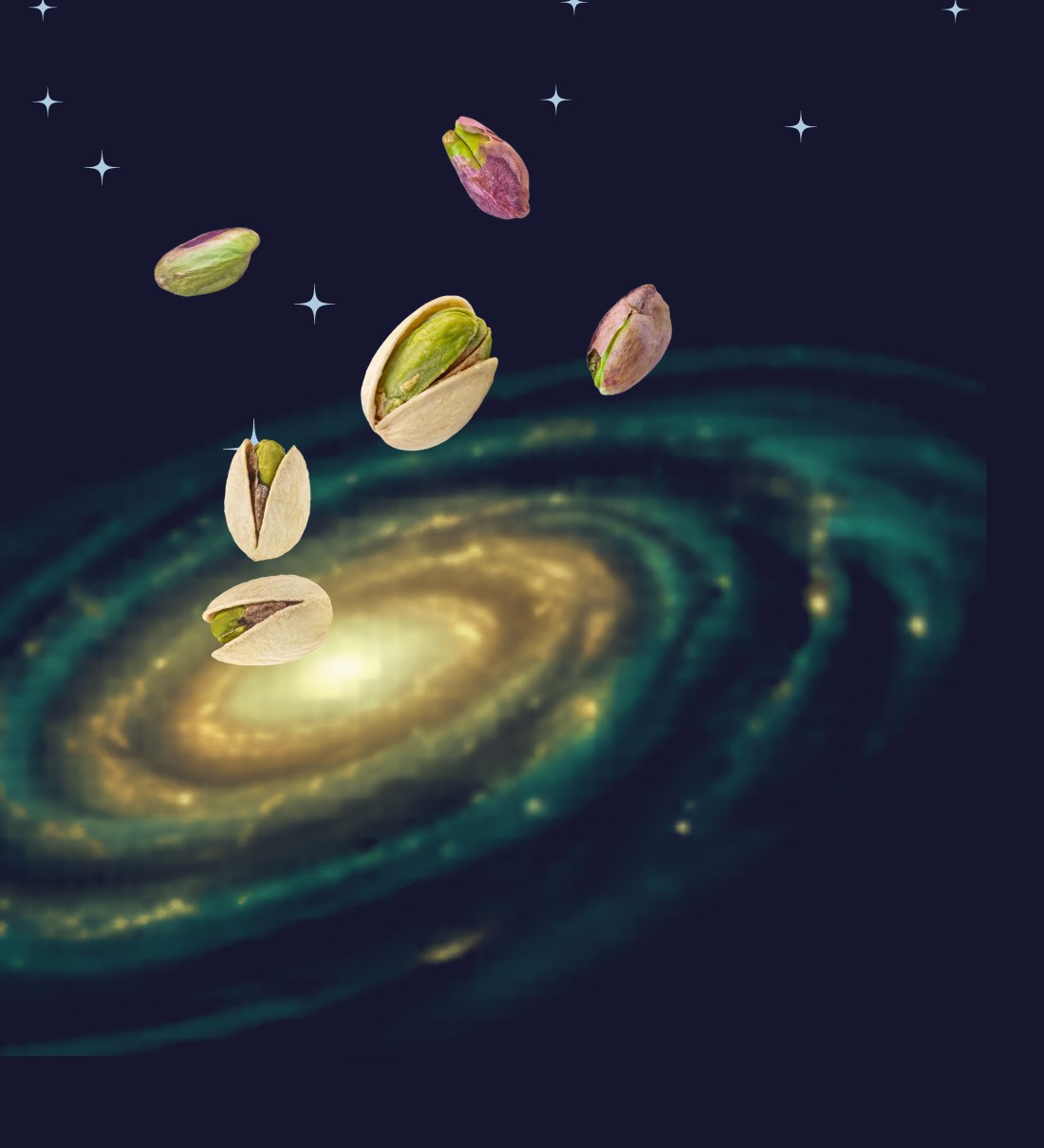 Pistachios drifting toward a glowing spiral galaxy