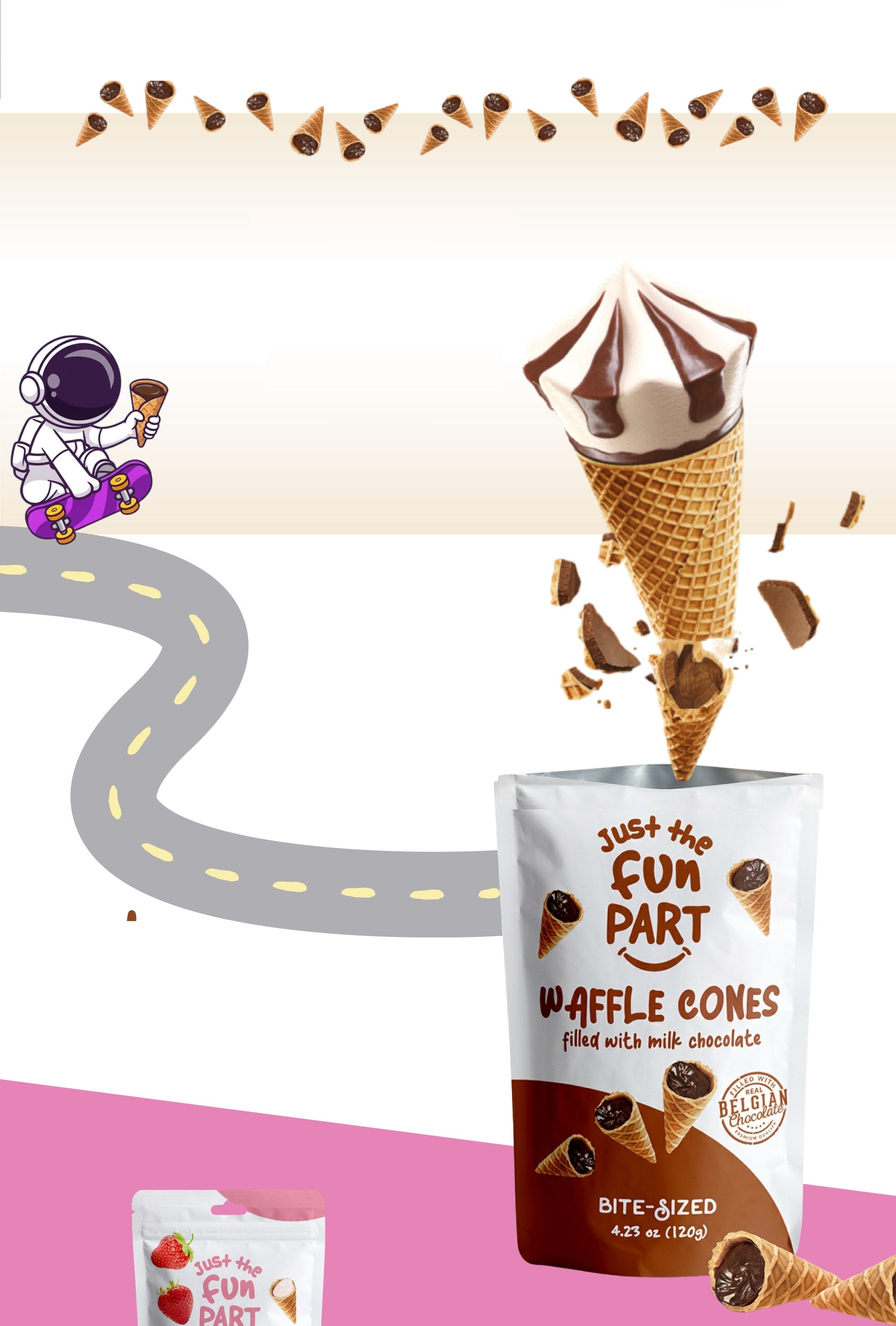 Ice cream cone bursting into chocolate-filled waffle cone pieces above a Just The Fun Part pouch, with a skateboarding astronaut and a winding road