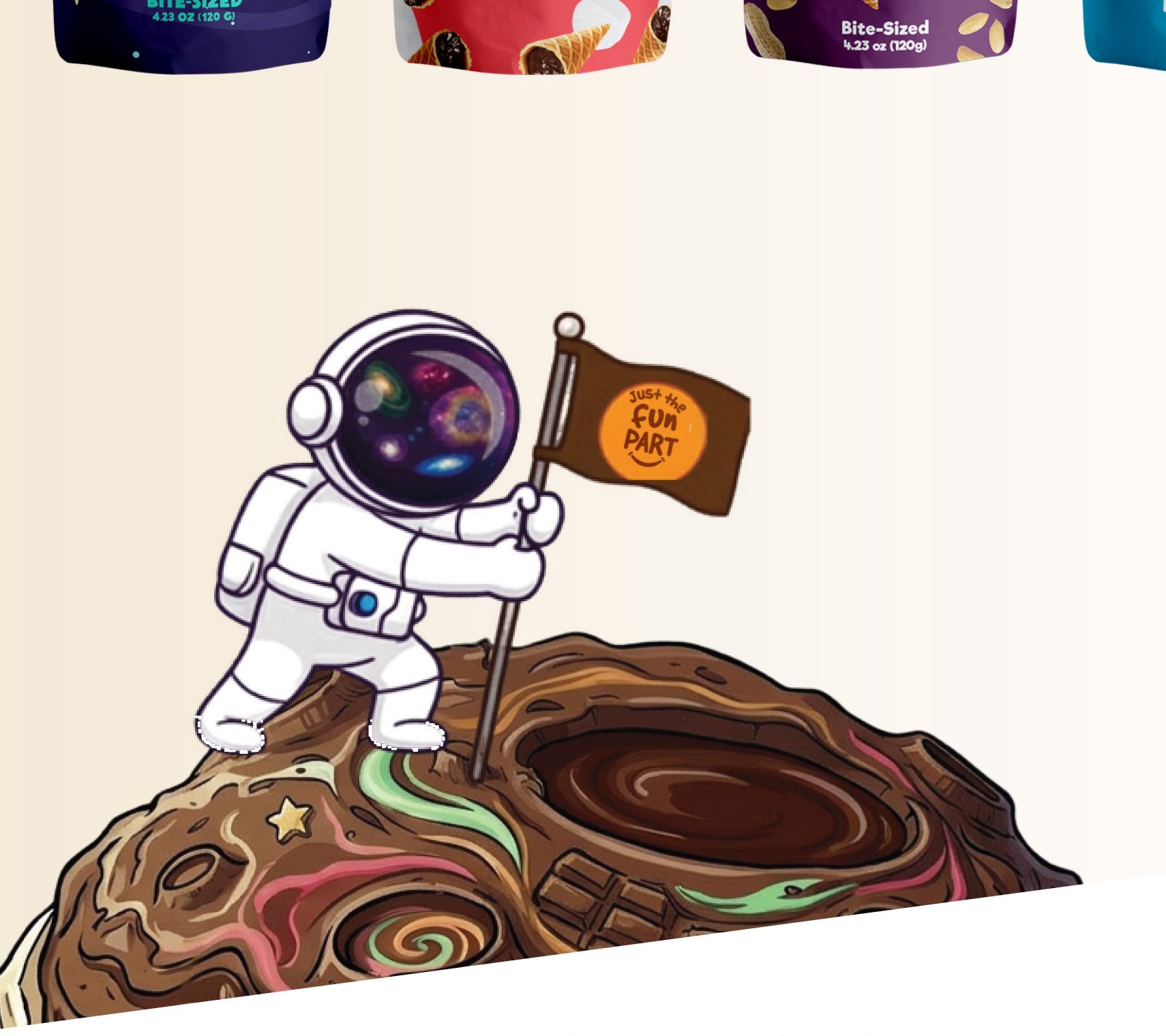 Captain Cone astronaut planting the Just The Fun Part flag on a swirling chocolate moon
