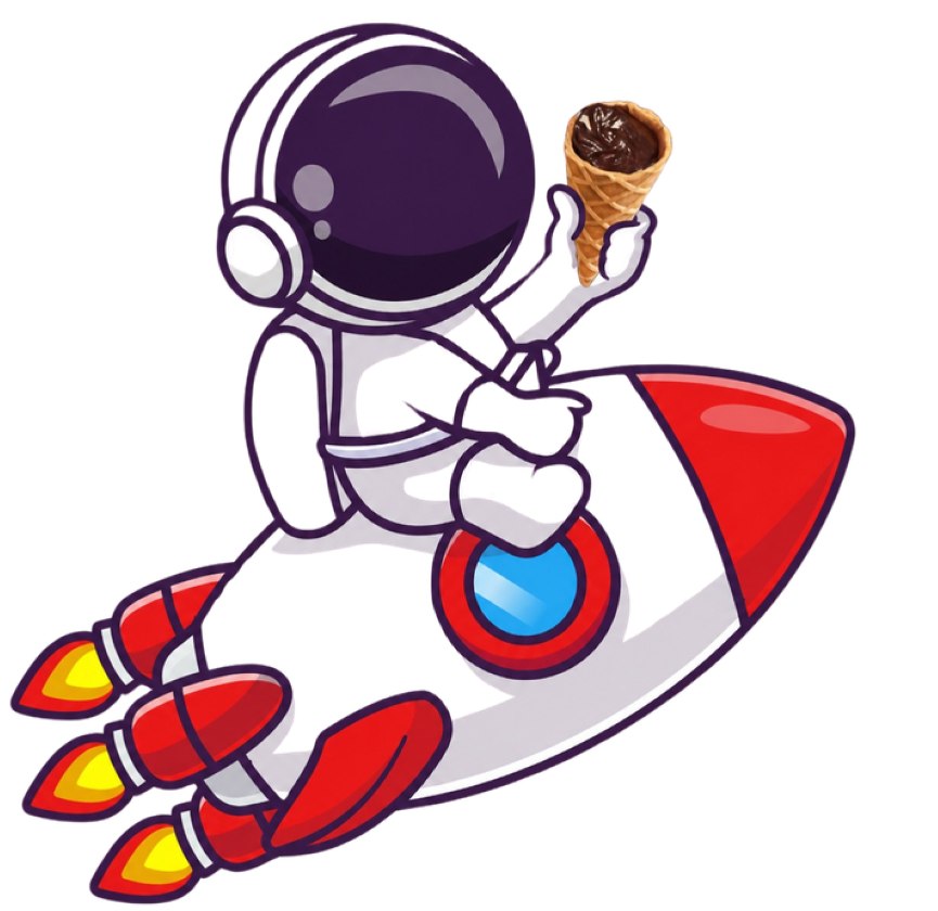Captain Cone riding a red rocket holding a chocolate-filled waffle cone